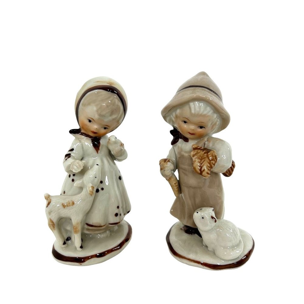 Boy & Girl Porcelain Figurines Glazed Bucolic Vintage 5” with Deer Bird Fox